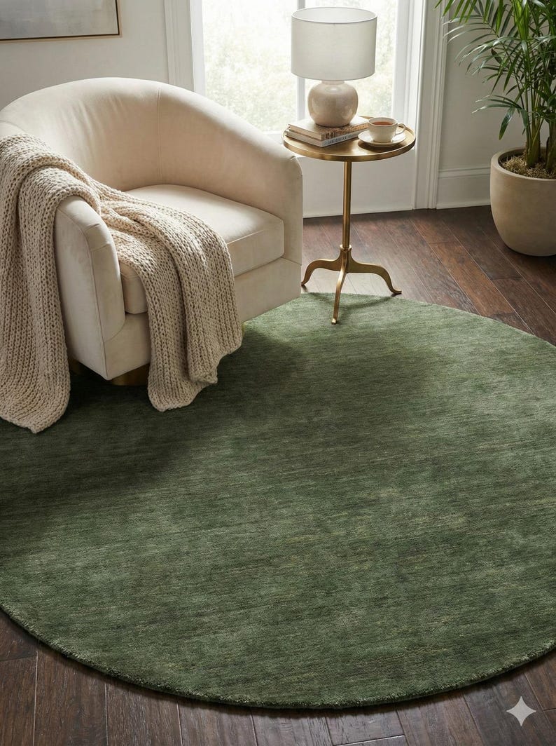 Draped Rugs Handwoven Sage Green Wool Round Area Rug Solid Textured Handloom Carpet ...