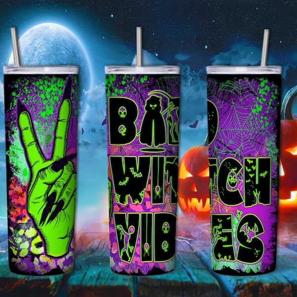 Halloween 20 Oz Skinny Tumbler Sublimation Design, Bad Witch Vibes Tumbler Wrap Png, Straight Tapered Tumbler Wrap PNG, Digital Download,