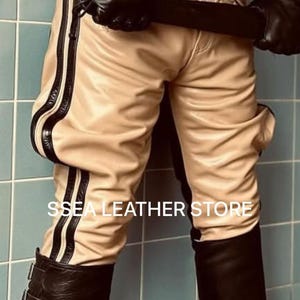Men&#39;s Real Cow Leather Breeches- Gay Leather Pants with Black Two Straps Police Style Pant  Perfect gift for him