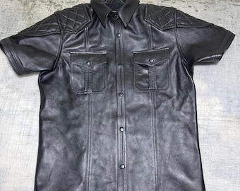 Men's Genuine Cowhide Leather Black Shirt with Quilted Shoulder Biker Shirt