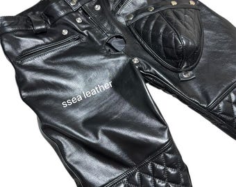 Quilted Black Leather Biker Pant With Removable Codpiece & Rear