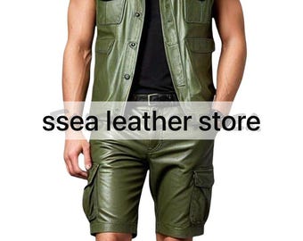 Men's Olive Green Leather Shirt & Shorts Set: Sleeveless Uniform