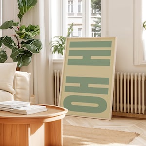 Poster Oh Hi, stampa verde salvia, decorazione da parete beige, soggiorno, ingresso, corridoio, tipografia