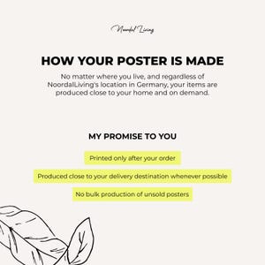 Poster production information for NoordaLiving wall art, showing print on demand production, local printing close to the delivery destination and no bulk production of unsold posters.