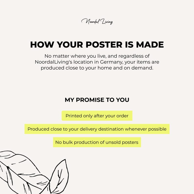Poster production information for NoordaLiving wall art, showing print on demand production, local printing close to the delivery destination and no bulk production of unsold posters.