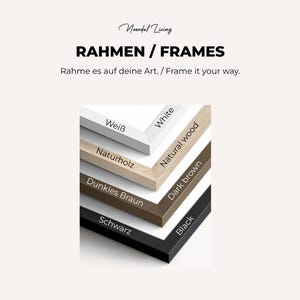 May include: Image of a stack of picture frames in various colors: white, natural wood, dark brown, and black. The text "RAHMEN / FRAMES" is at the top, with "Frame it your way" below. The brand name "Noordal Living" is at the top.