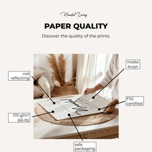 May include: A white print with the text "Noordal Living" and "Paper Quality" is held by a person. The print is matte finish, FSC certified, and packaged safely. The paper is 170 g/m&sup2; (65 lb) and does not reflect light.