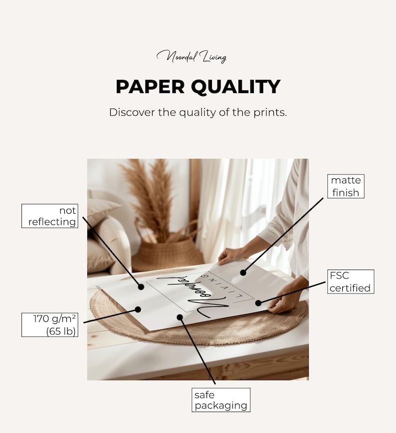 May include: A white print with the text "Noordal Living" and "Paper Quality" is held by a person. The print is matte finish, FSC certified, and packaged safely. The paper is 170 g/m&sup2; (65 lb) and does not reflect light.