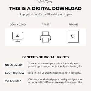 Puede incluir: Un gr&aacute;fico de descarga digital con el texto "Esta es una descarga digital. No se enviar&aacute; ning&uacute;n producto f&iacute;sico." El gr&aacute;fico muestra tres iconos: un icono de descarga, un icono de impresora y un icono de marco. El gr&aacute;fico tambi&eacute;n incluye el texto "Beneficios de las impresiones digitales" y enumera tres beneficios: "Sin entrega", "Respetuoso con el medio ambiente" y "Versatilidad".