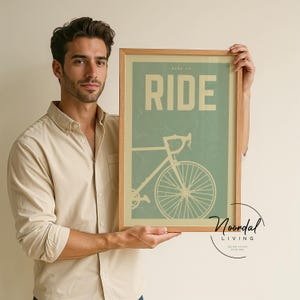 This DIGITAL DOWNLOAD bike poster features retro cycling art in soothing sage green tones, perfect wall art for cyclists, bike lovers, and vintage-inspired home decor.