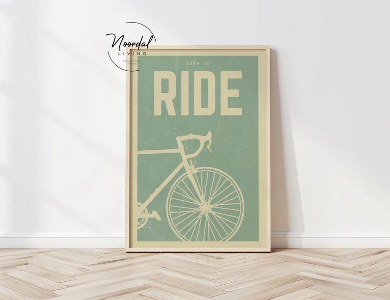 This DIGITAL DOWNLOAD bike poster features retro cycling art in soothing sage green tones, perfect wall art for cyclists, bike lovers, and vintage-inspired home decor.