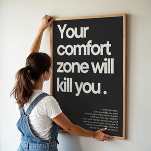 La tua zona di comfort ti ucciderà Poster delicato nero con testo beige chiaro motivazionale decorazione murale fitness retrò soggiorno camera da letto