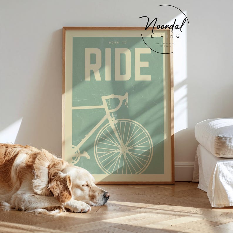 This DIGITAL DOWNLOAD bike poster features retro cycling art in soothing sage green tones, perfect wall art for cyclists, bike lovers, and vintage-inspired home decor.