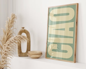Póster Ciao con tipografía italiana verde salvia para decoración de pasillo de sala de estar, imagen retro italiana.