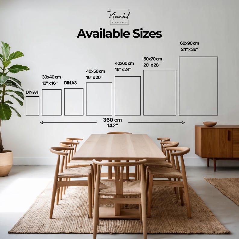 May include: A light wood dining table with six matching chairs on a jute rug. The wall behind the table displays various rectangular art print sizes, including 12" x 16", 16" x 20", 16" x 24", 20" x 28", and 24" x 36". The text "Available Sizes" is above the prints.