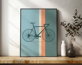 May include: A black and white silhouette of a bicycle on a blue, white, and orange striped background.