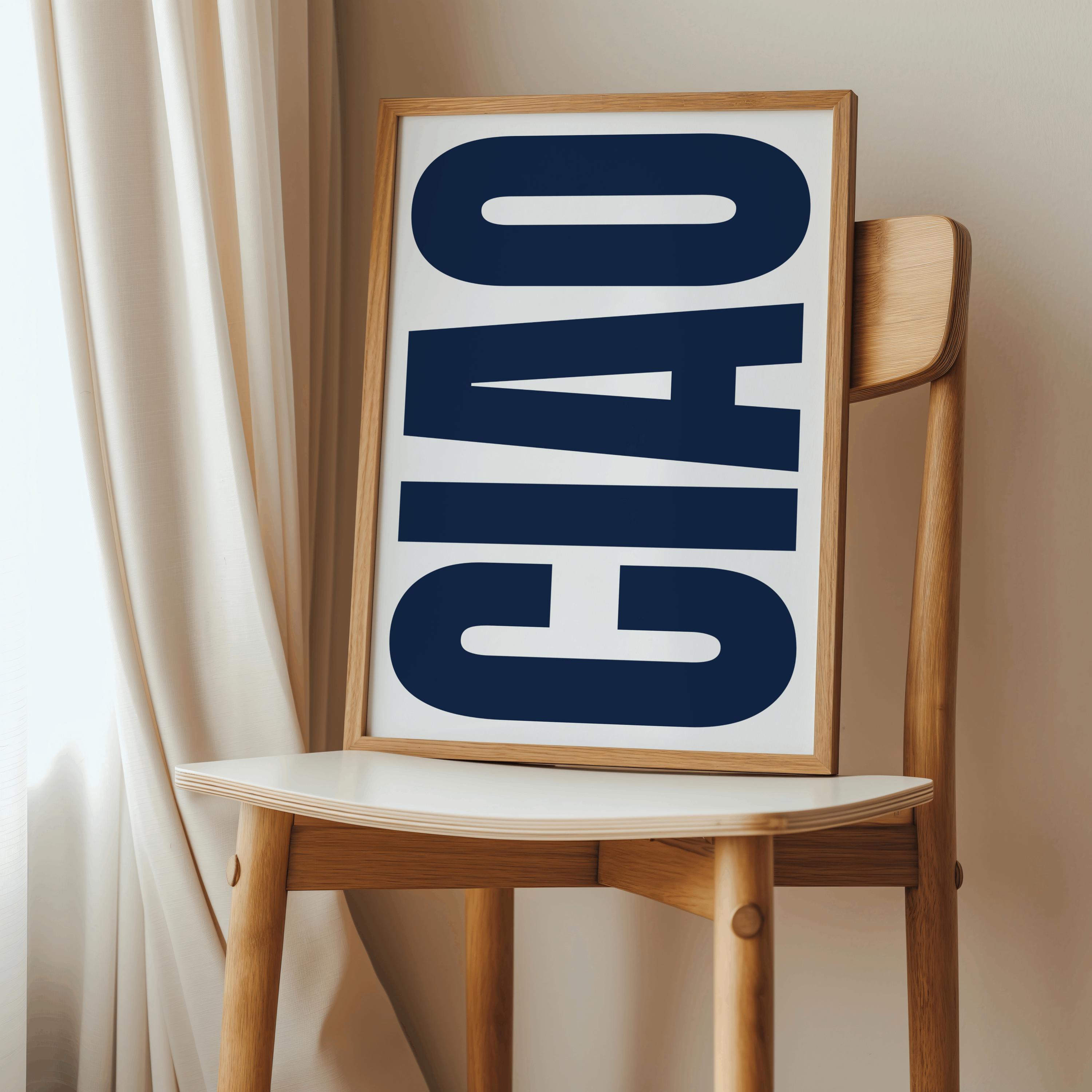 DIGITAL DOWNLOAD Ciao print navy dark blue white poster typography italy gift idea living room retro
