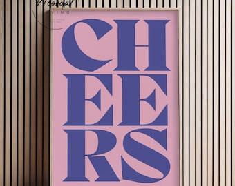 Bar cart print Cheers poster pink pastel kitchen wall art typography