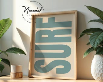 Surf Poster Coastal Wall Art Minimalist Ocean Art Blue Beige Typography Print