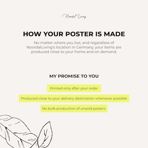 Poster production information for NoordaLiving wall art, showing print on demand production, local printing close to the delivery destination and no bulk production of unsold posters.