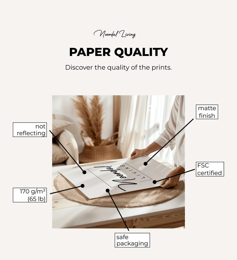May include: A white print with the text "Noordal Living" in black script. The image highlights paper quality, including a matte finish, 170 g/m&sup2; (65 lb) weight, safe packaging, and FSC certification. The print is not reflecting.