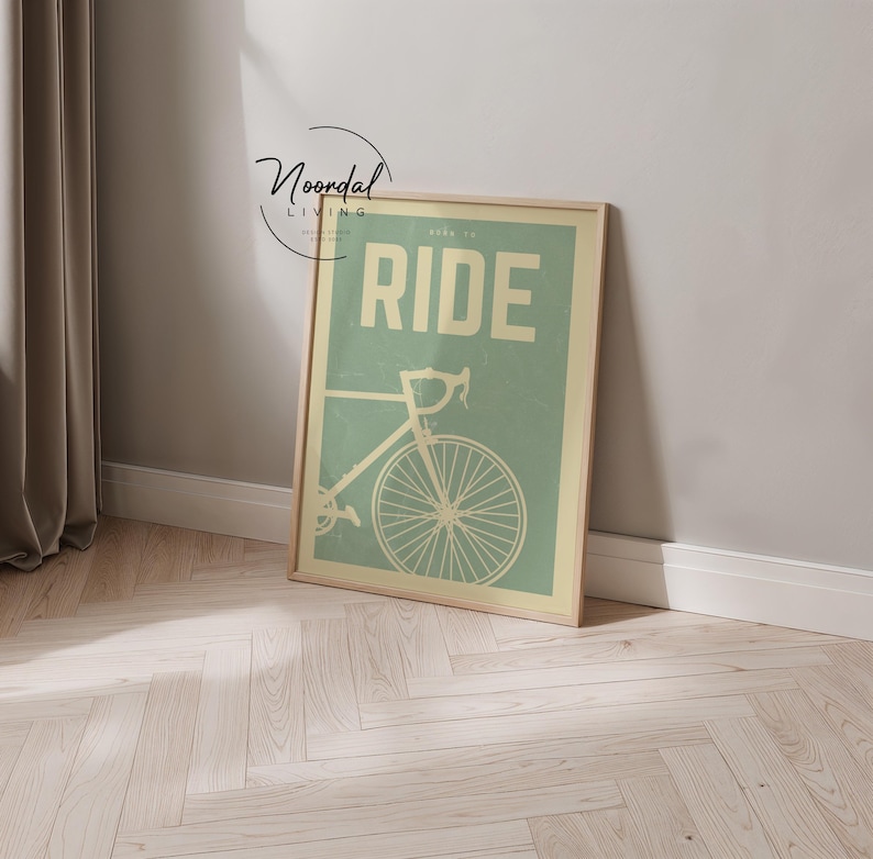 This DIGITAL DOWNLOAD bike poster features retro cycling art in soothing sage green tones, perfect wall art for cyclists, bike lovers, and vintage-inspired home decor.