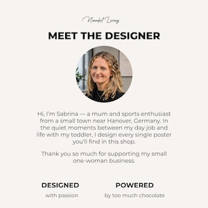 Meet the designer: A portrait of Sabrina, the artist behind the shop NoordalLiving, with a short introduction explaining that every poster is personally designed by her, not AI-generated.