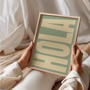 DIGITAL DOWNLOAD Hola poster Sage green beige wall art typography art spanish gift idea retro print