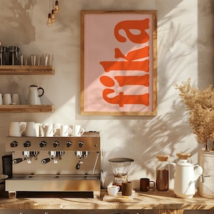 Fika Poster rot orange rosa Kaffeepause für Küche Essbereich Wohnzimmer Schwedisch