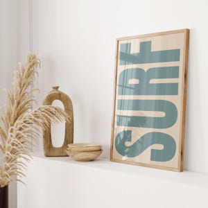 Póster de surf azul beige tipografía decoración de pared retrato u paisaje horizontal