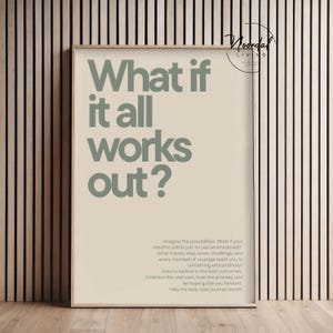 Könnte beinhalten: Ein rechteckiger Wandkunstdruck mit beigem Hintergrund und großem, fettgedrucktem, salbeigrünem Text, der "What if it all works out?" lautet. Darunter befindet sich ein kleinerer Textabsatz und ein Logo in der oberen rechten Ecke.