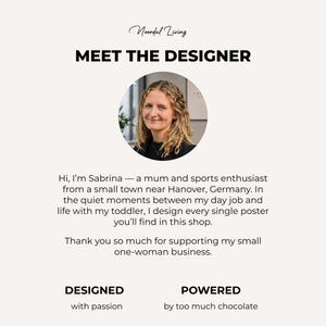 Meet the designer: A portrait of Sabrina, the artist behind the shop NoordalLiving, with a short introduction explaining that every poster is personally designed by her, not AI-generated.