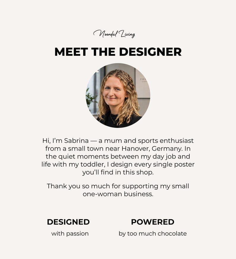 Meet the designer: A portrait of Sabrina, the artist behind the shop NoordalLiving, with a short introduction explaining that every poster is personally designed by her, not AI-generated.