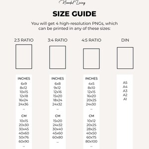 Puede incluir: Una gu&iacute;a de tallas para impresiones digitales, que muestra diferentes proporciones y las dimensiones correspondientes en pulgadas y cent&iacute;metros. Las proporciones son 2:3, 3:4, 4:5 y DIN.