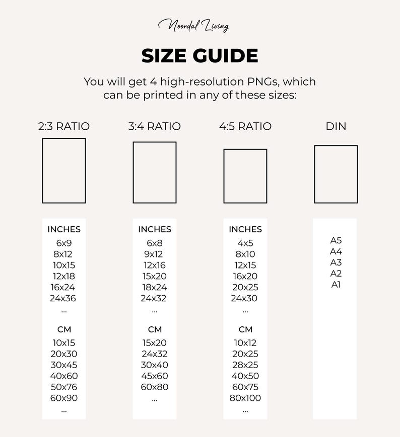Puede incluir: Una gu&iacute;a de tallas para impresiones digitales, que muestra diferentes proporciones y las dimensiones correspondientes en pulgadas y cent&iacute;metros. Las proporciones son 2:3, 3:4, 4:5 y DIN.