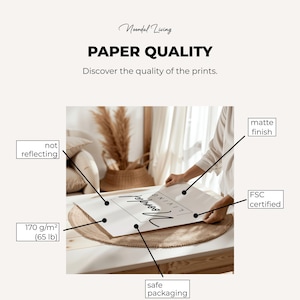 An informational graphic titled paper quality with lines pointing to features like matte finish, FSC certified, safe packaging, not reflecting, and 170 g/m2.