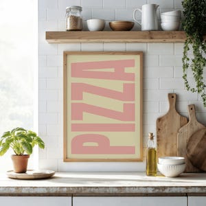 Póster de pizza italiana, póster de cocina italiana, decoración de pared con comida, tipografía rosa y beige.