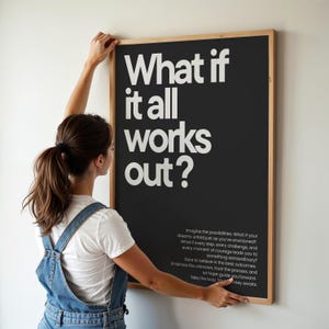 What if it all works out Poster zartes Schwarz mit hellbeigem Text motivierend Retro Textposter Wanddeko Wohnzimmer Schlafzimmer