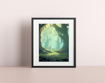 Puede incluir: Una pintura digital de un sendero en el bosque con árboles altos y una luz brillante que brilla a través de las hojas. El sendero está bordeado de hierba verde y flores.