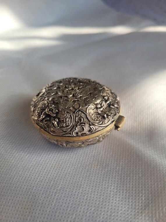 Antique repousse silver plated brass trinket box,… - image 2