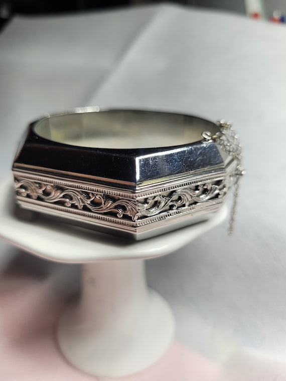 Whiting and Davis Art Deco Silver Bracelet, hinge… - image 1