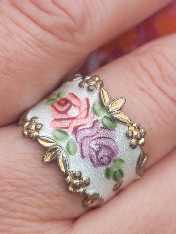 Guilloche Sterling Vermile ring, Vintage rose jewe
