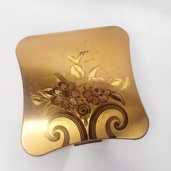 Vintage Refillable Powder Compact with Floral Design by Elgin American