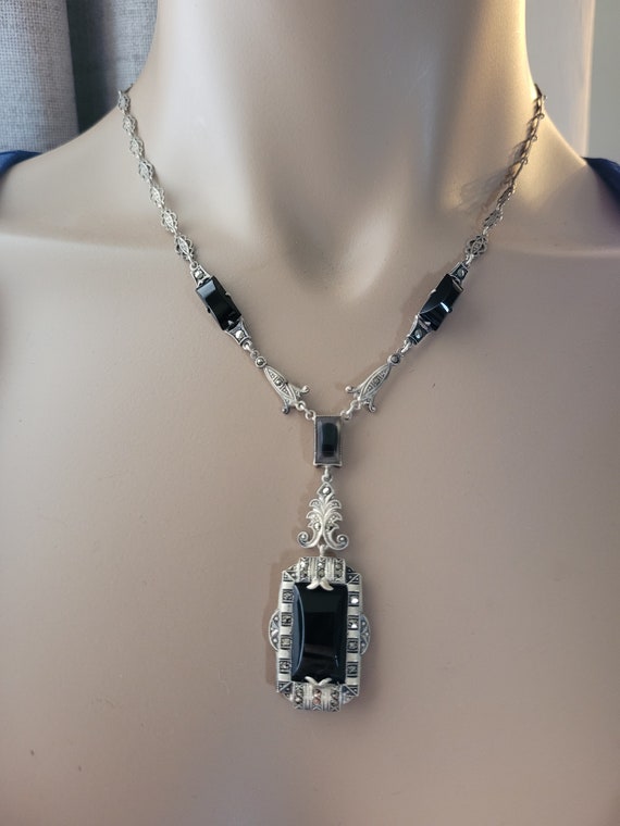 Silver and Onyx Art Deco Necklace, Edwardian fine… - image 2