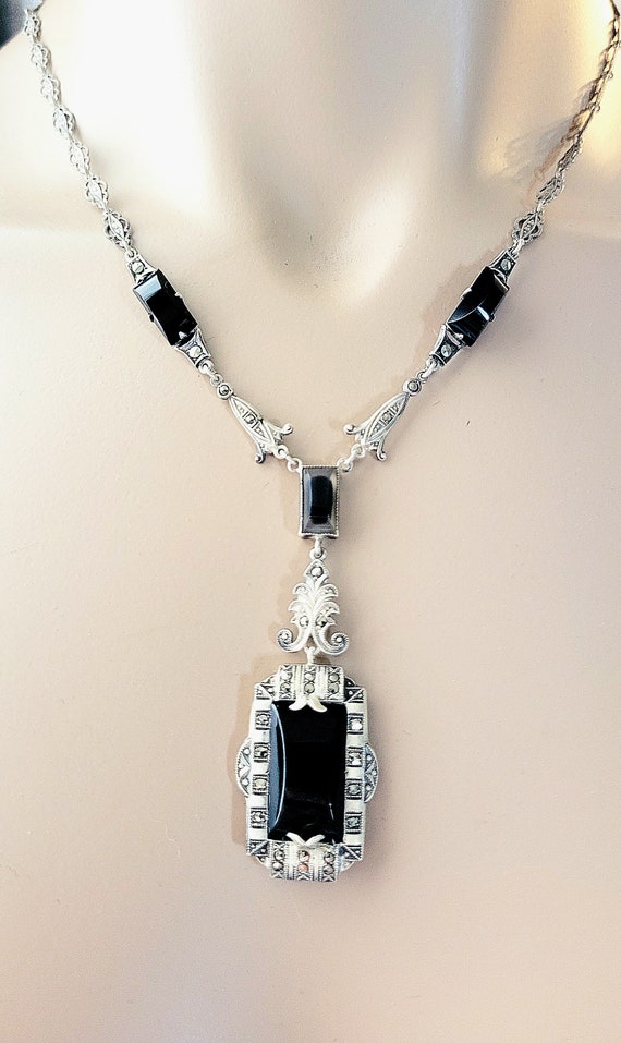 Silver and Onyx Art Deco Necklace, Edwardian fine 