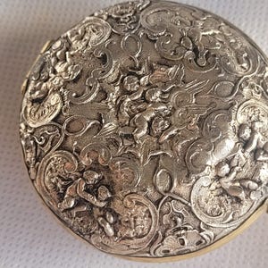 Antique repousse silver plated brass trinket box, Powder jar, pill box