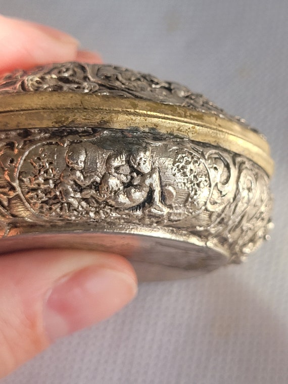 Antique repousse silver plated brass trinket box,… - image 6