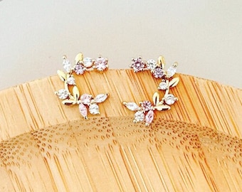 Floral Flower Wreath Crystal Rhinestone C-Shape Stud Earrings