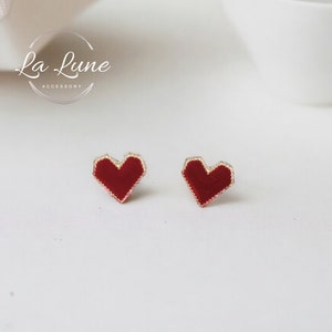 Red Heart Stud Earrings, Pixel Heart, Love Earrings