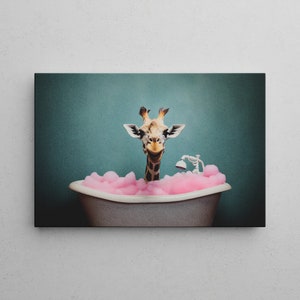 Funny Giraffe in Bathtub Canvas Wall Art for Bathroom | Funny Animals Mural | Sizes from 20 to 90 cm | Ready to Hang